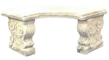 A reconstituted stone squirrel garden bench, on two classical scroll plinths with a curved seat, 41c