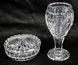 Two lead cut glass wares, comprising a goblet on petalated foot, 16cm high, and a pin dish and lid,