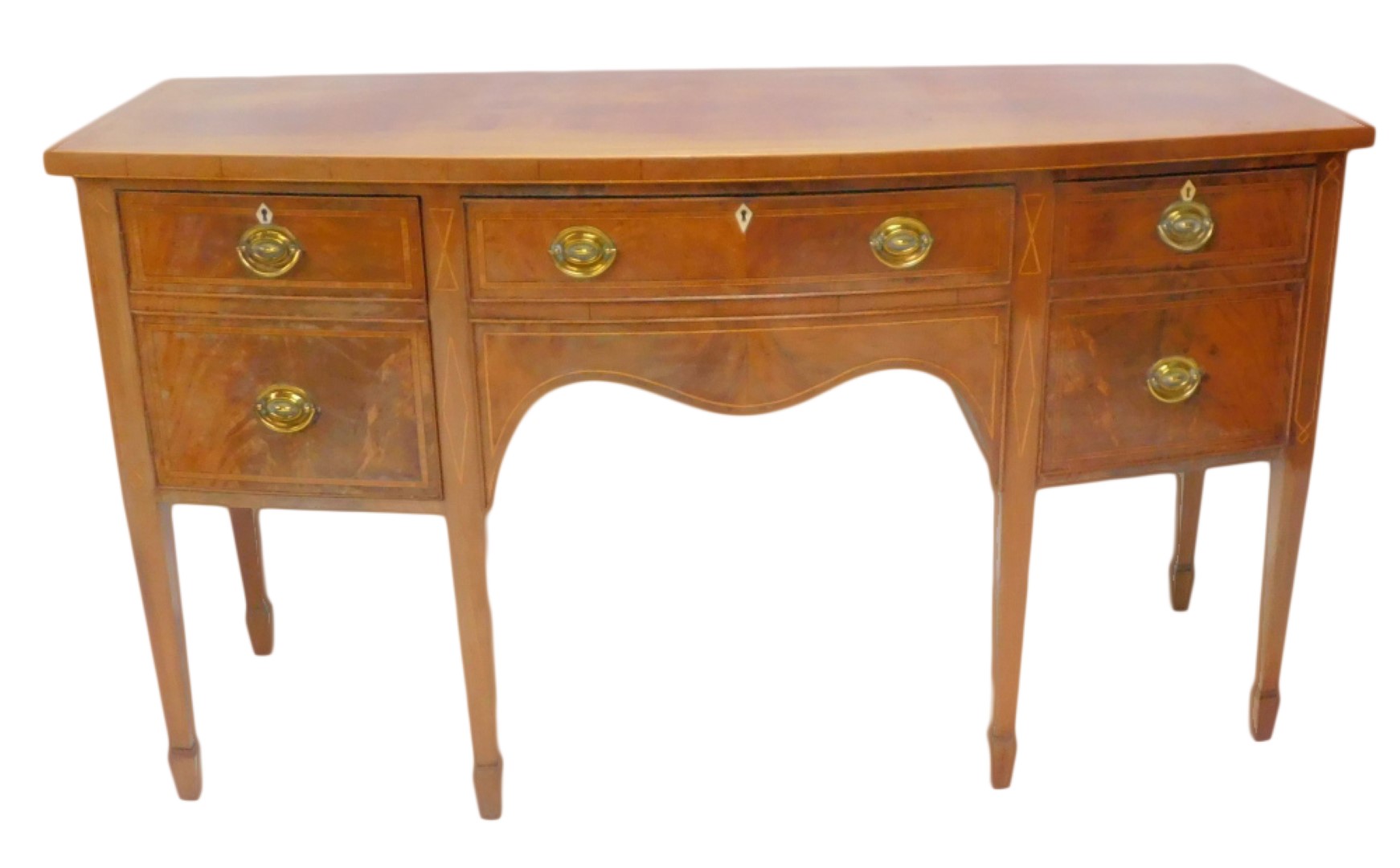 A mahogany and tulipwood crossbanded bowfront sideboard, stamped J W Alton, with a central frieze dr