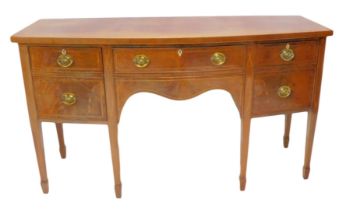 A mahogany and tulipwood crossbanded bowfront sideboard, stamped J W Alton, with a central frieze dr