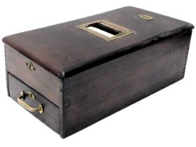 A mahogany and brass mounted cash till, 55cm wide.