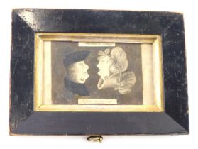 19thC French naive school, mirrored picture of gentleman and lady, in ebonised frame, 22cm x 15.5cm.