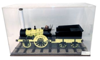 A scale model of Stephenson's Planet locomotive circa 1830, in black and yellow livery, 1cm:12cm sca