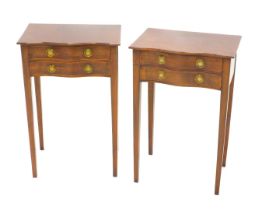 A pair of mahogany and boxwood strung small side or lamp tables, each with two frieze drawers, brass