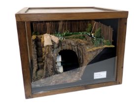 A scale model of an Anderson shelter, in perspex and pine case, 49cm wide.
