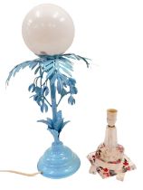 A blue metal standard lamp, with a white domed shade, 63cm high, and an acrylic and rose moulded tab