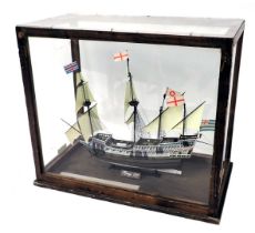 A scale model of Elizabethan galleon The Revenge, polychrome decorated, in stained pine and perspex