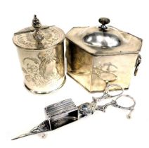 Three items of 20thC silver plated ware, comprising candle snuffers, silver plated caddy with knight