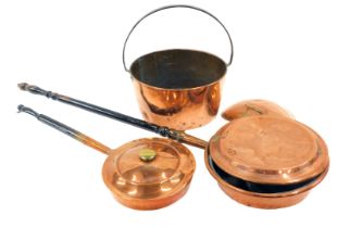 Copper wares, comprising a copper jam pan with moulded metal handle, 41cm high, two copper warming p