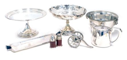 Silver plated wares, comprising ink stand, punch bowl, centrepiece epergne, salt and pepper pot, can