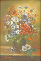 L Berm? (20thC School). Floral still life, oil on board, signed, 16.5cm x 11cm, in gilt frame.