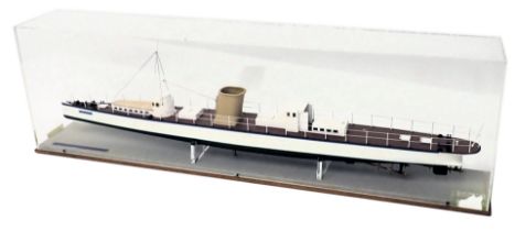 A scale model of the S.Y Turbinia, 1:32 scale, in perspex case, 104cm wide overall.