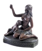 A resin figure group of semi clad female and child, on an oval stepped base, holding up cup, 23cm hi