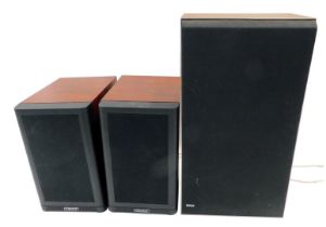Three speakers, comprising a pair of Mission model 780 speakers, and a Bang and Olufsen Beovox S45 s
