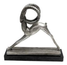 Art Deco School. A replica silver resin sculpture of a coiled ibex, on ebonised lacquered plinth, 40