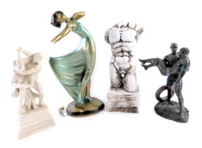 A collection of plaster and resin figures, comprising an Art Deco style lady in flowing dress, 41cm