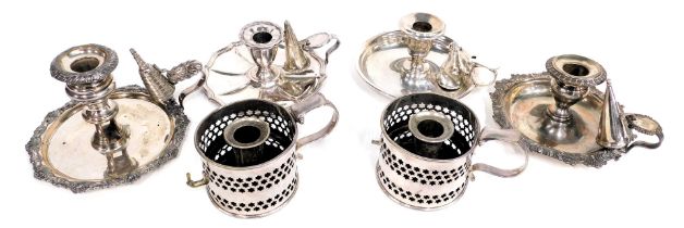 Silver plated wares, comprising four chamber candlesticks, and two pierced mug candle stands. (6)