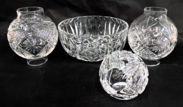 A Waterford crystal bowl, with etched crystal moulding, 20cm diameter (AF), two cut glass light shad