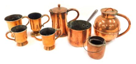 A group of 19thC and later copper wares, comprising teapot and lid, Askew of Nottingham tankards, mi