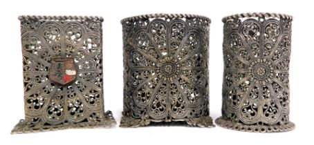 Three items of Middle Eastern silver plated filigree, comprising circular vase, 6cm high, stem vase,