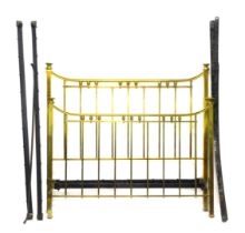 A late Victorian brass double bed frame, square section supports, iron side rails and slats, 154cm w