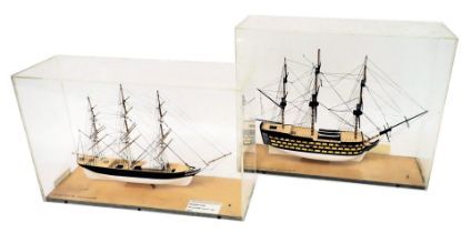 Two scale models of ships, Tea Clipper the Caliph circa 1869 and HMS Victory in 1805, each in a glaz