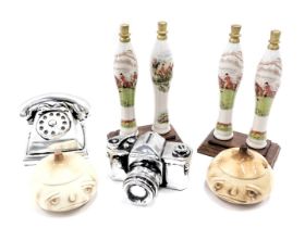 Collectors ceramics, comprising two Sylvac onion jars, a painted silver camera and telephone money b