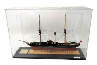 A scale model of the Sirius paddle steamer, in black and red livery, in perspex case, 87cm wide.