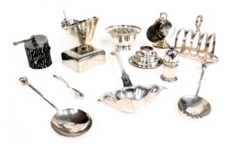 Silver plated wares, comprising toast rack, sugar bowl, ladle, cigarette box, mining log, and axe, e