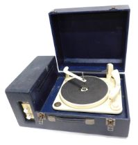 A BSR Monarch portable record player, in blue case, 23cm high, 52cm wide, 35cm deep.
