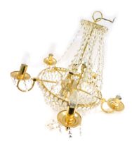 A hanging brass and crystal electrolier, of drop and arched design, circular base with five branches