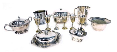 Silver plated wares, comprising a silver plated milk jug of hammered design, stamped master, with Ba