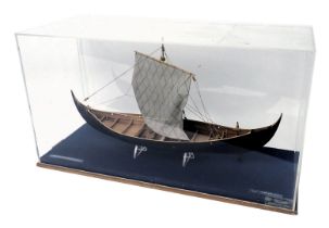A model of a Viking merchant ship, Danish, in fitted glazed perspex case, 77cm wide.