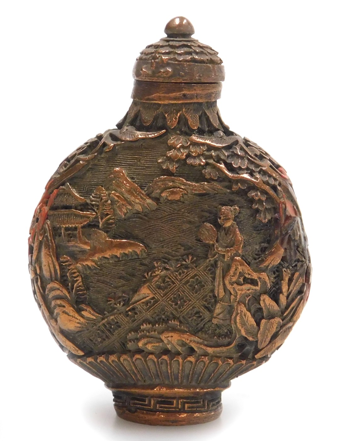 A 20thC Chinese bronzed metal snuff bottle, embossed to the obverse with a lady with a fan in a gard