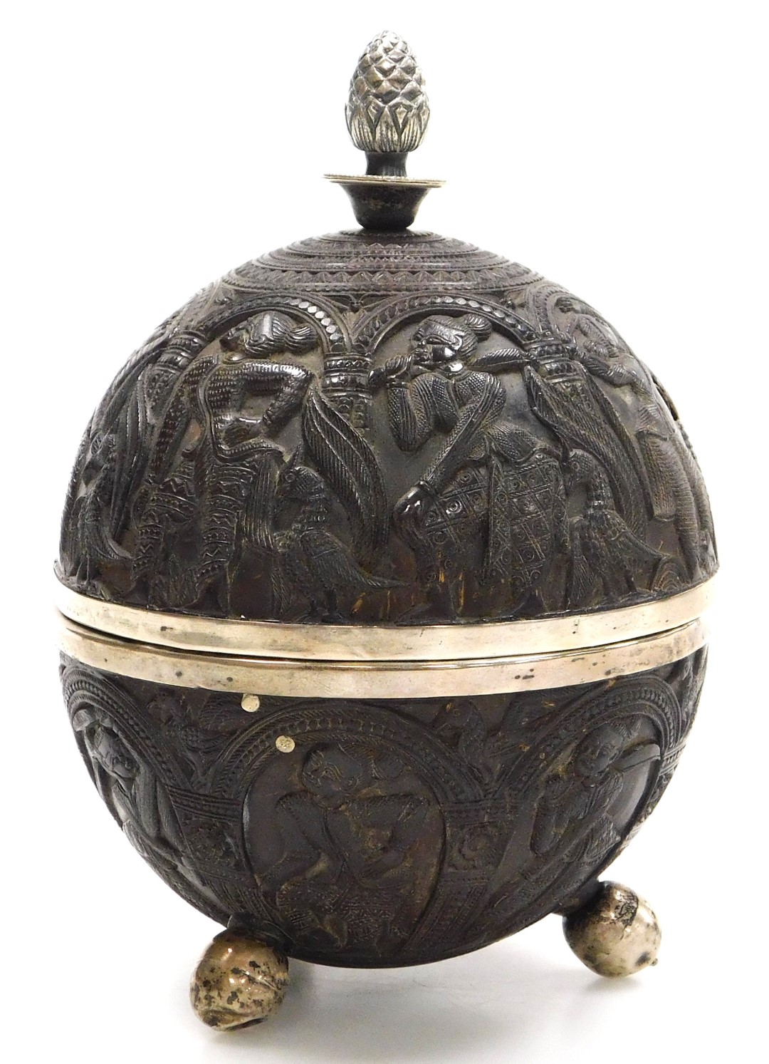 A 19thC Indian coconut cup and cover, carved with panels of ladies within repeating arches, the cove - Image 2 of 7