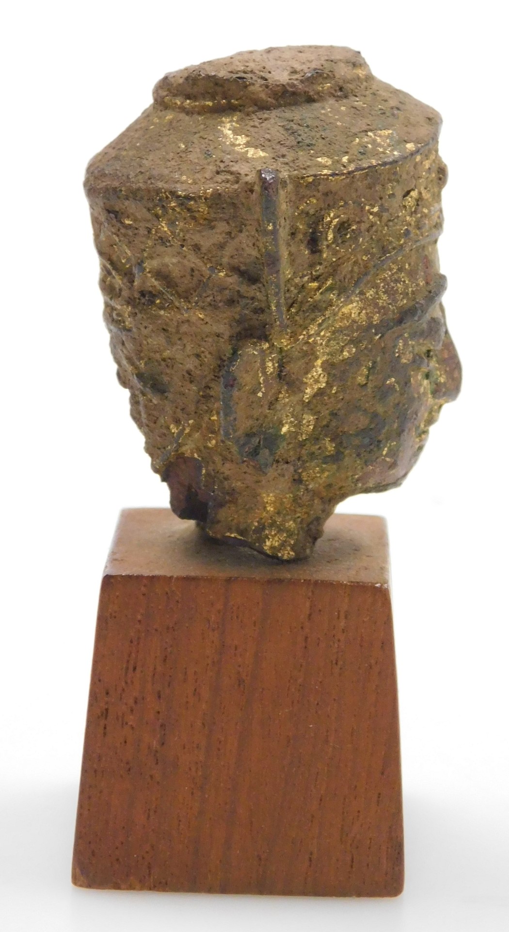 A Thai gilt bronze Ayutthaya Buddha head, possibly 17thC, with good patination, on a wooden stand, 7 - Image 5 of 5