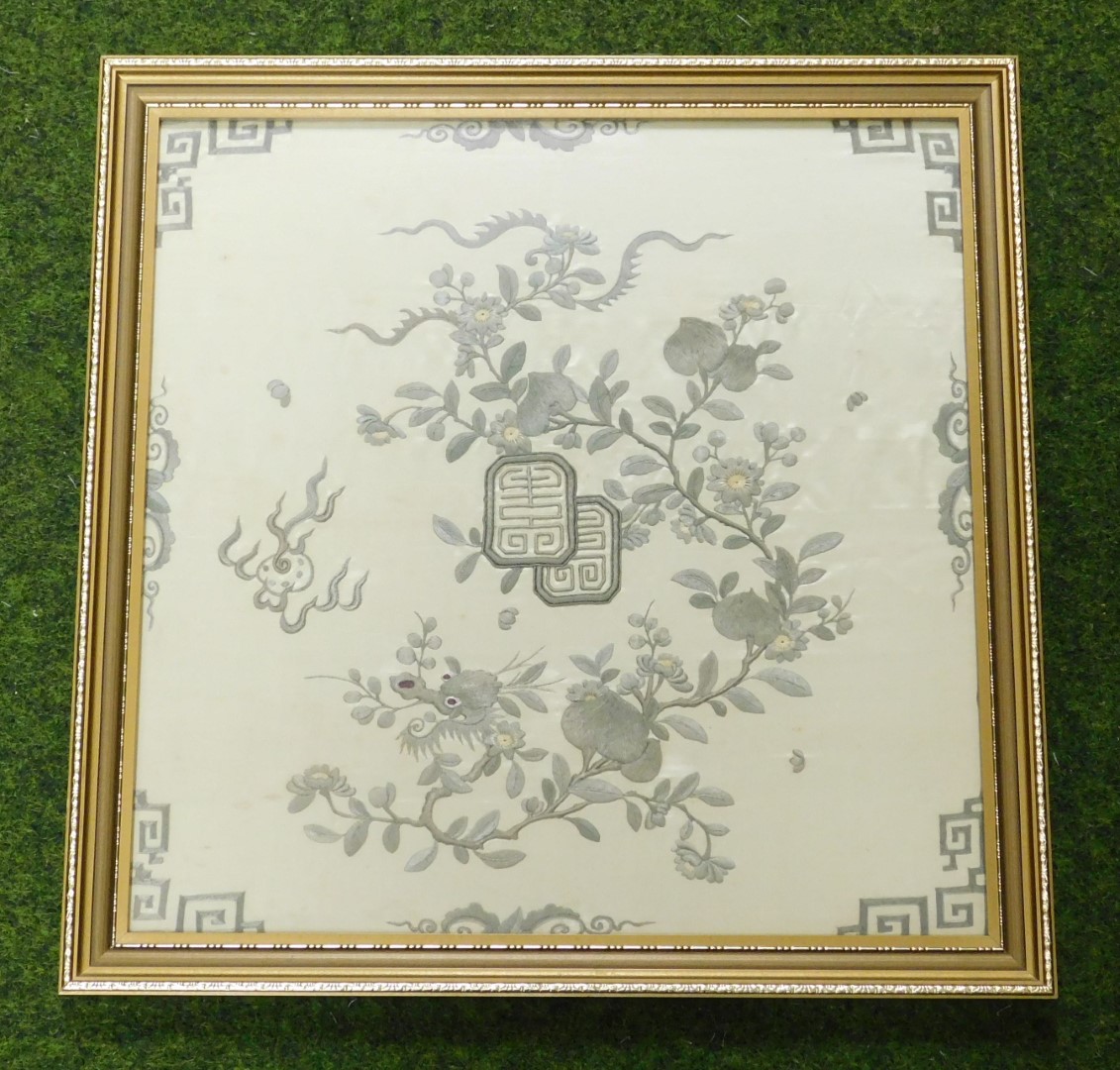 A 19thC Qing dynasty silk panel, decorated wit a peach tree, the head of a dragon, and flaming pearl - Image 2 of 3