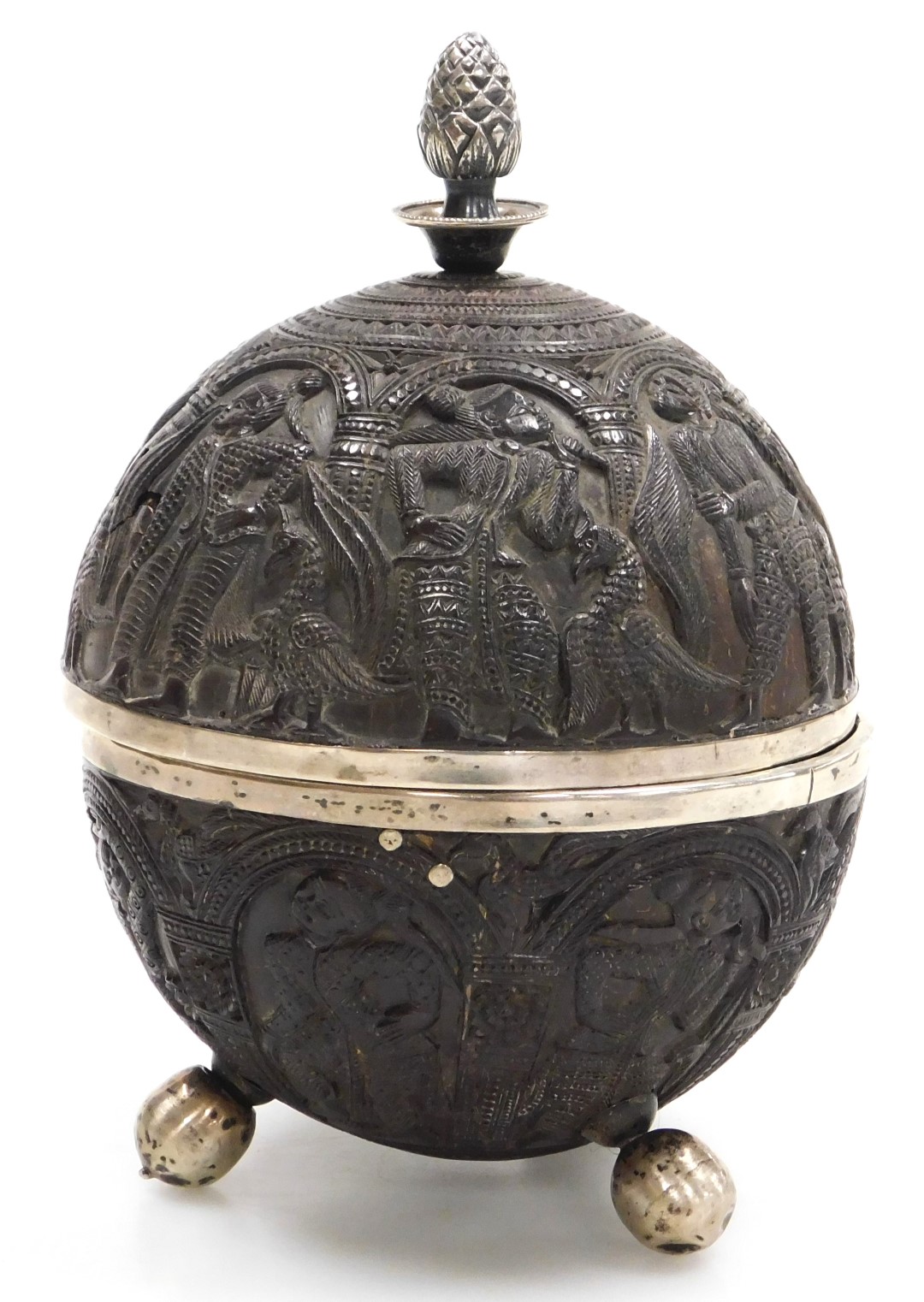 A 19thC Indian coconut cup and cover, carved with panels of ladies within repeating arches, the cove - Image 4 of 7