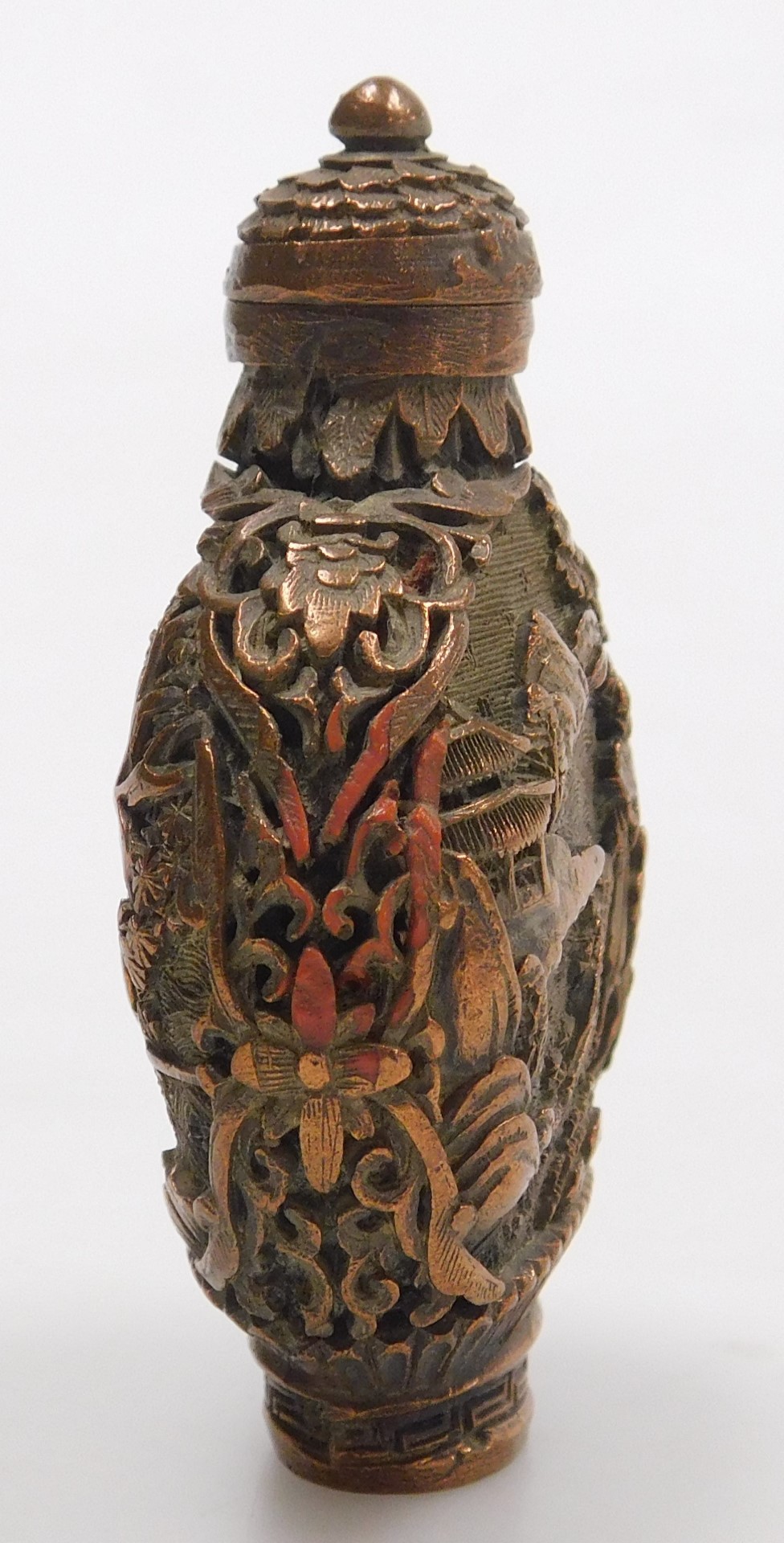 A 20thC Chinese bronzed metal snuff bottle, embossed to the obverse with a lady with a fan in a gard - Image 4 of 6