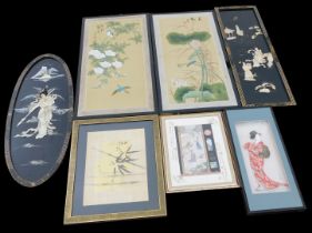 A group of Oriental pictures, including two panels with mother of pearl overlay, figure of a geisha