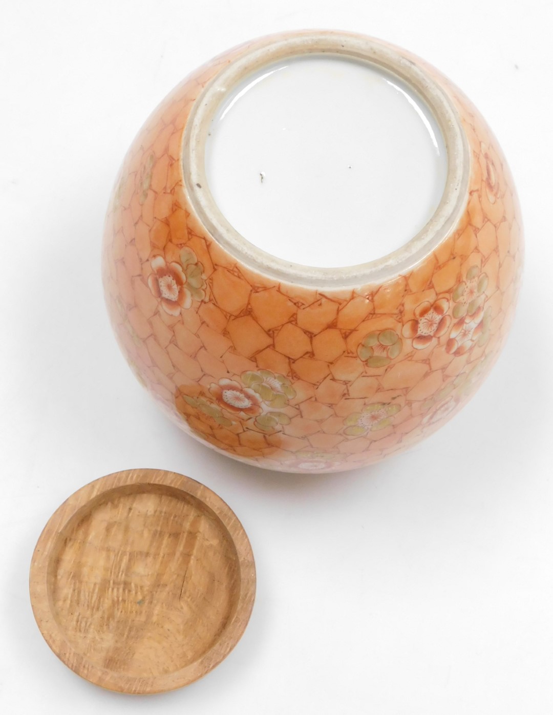 A late 19thC Qing dynasty porcelain ginger jar, with a wooden cover, decorated with prunus blossom o - Image 6 of 9