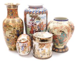 A group of Satsuma style wares, decorated with reserves of figures, comprising three vases, an egg,