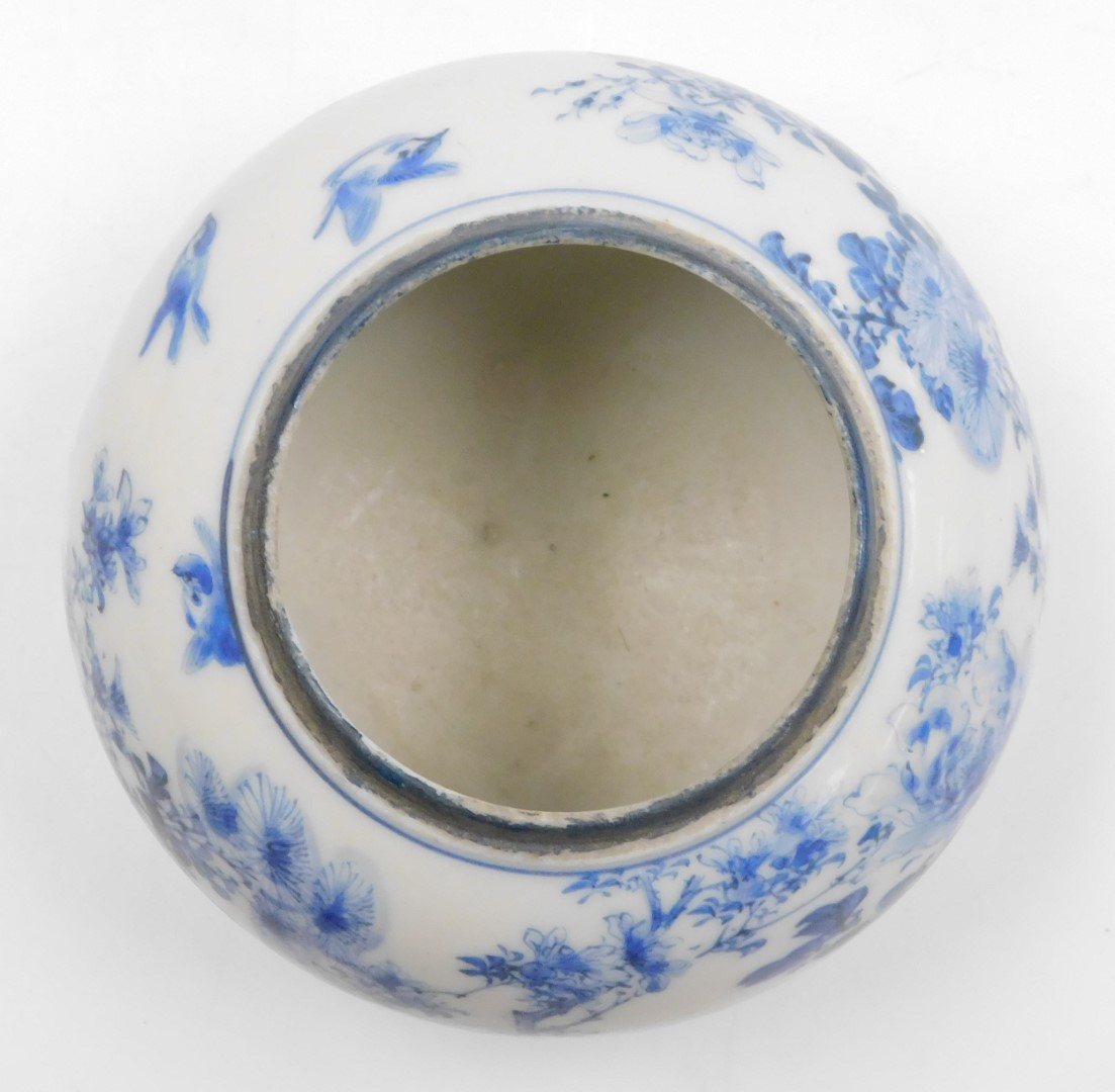 An early 20thC Japanese blue and white porcelain vase, of globular form, painted with birds and flow - Image 13 of 21