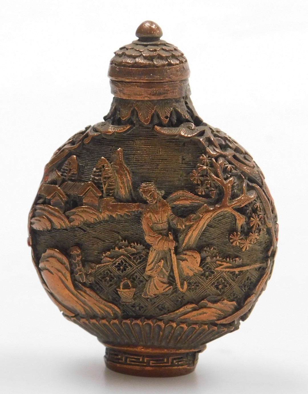 A 20thC Chinese bronzed metal snuff bottle, embossed to the obverse with a lady with a fan in a gard - Image 3 of 6