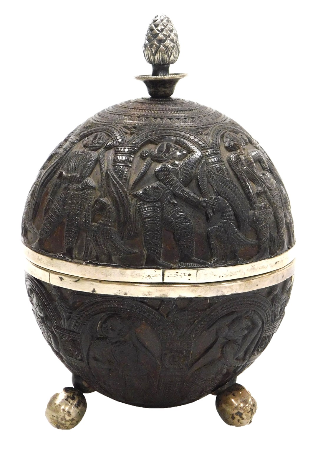 A 19thC Indian coconut cup and cover, carved with panels of ladies within repeating arches, the cove