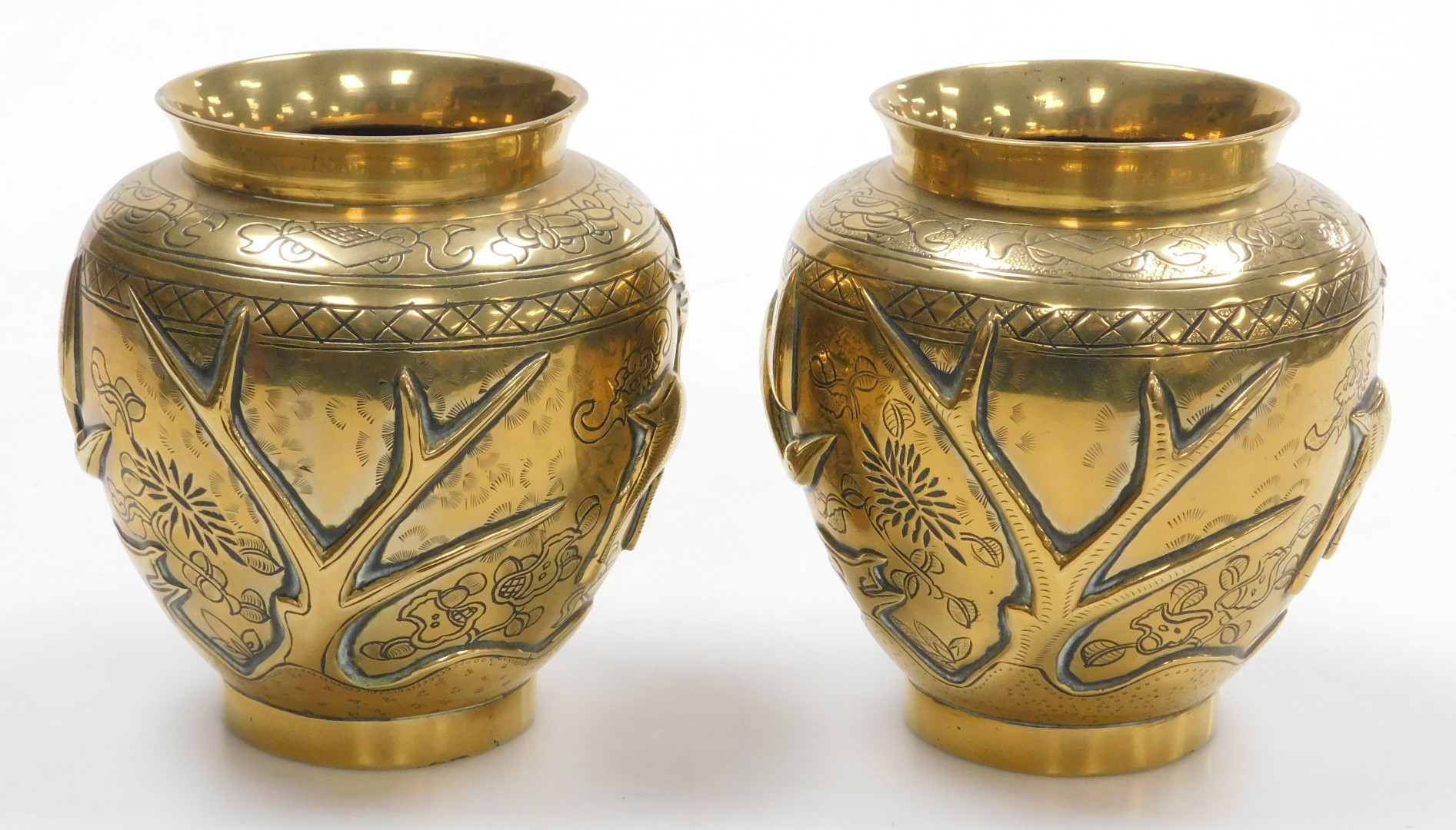 A pair of early 20thC Chinese heavy brass vases, embossed with a deer, bamboo, trees and a crane, th - Image 3 of 9