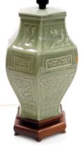 A 19thC Qing dynasty celadon porcelain vase, converted to a table lamp, of hexagonal, baluster form,