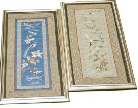 Two Chinese silk embroidered panels, framed and glazed, comprising and exotic bird and tree blossom,