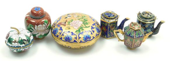 A group of Chinese cloisonne and champleve enamel wares, comprising a circular box and cover decora