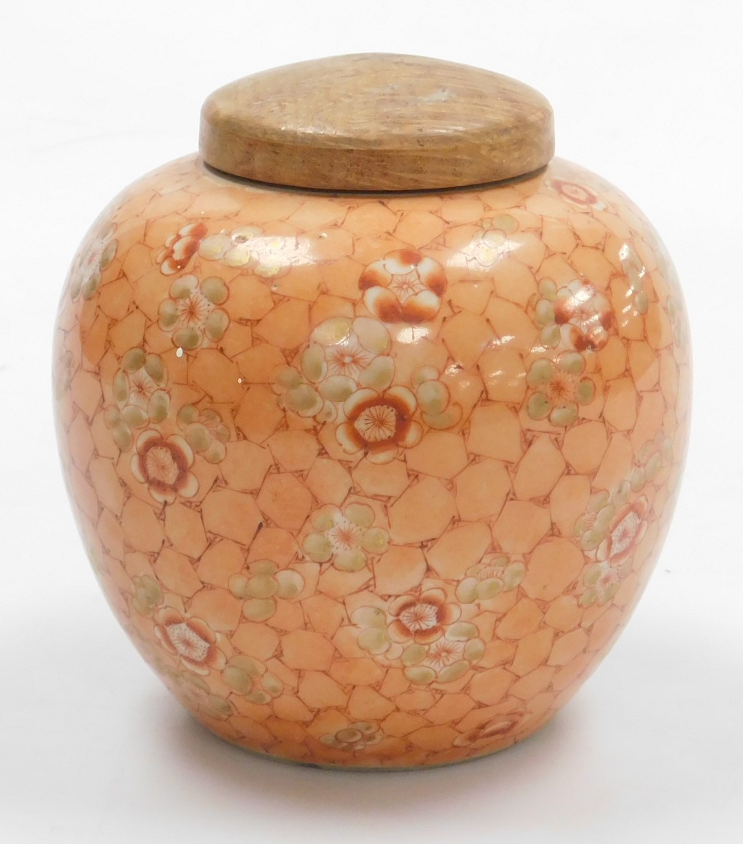 A late 19thC Qing dynasty porcelain ginger jar, with a wooden cover, decorated with prunus blossom o - Image 2 of 9